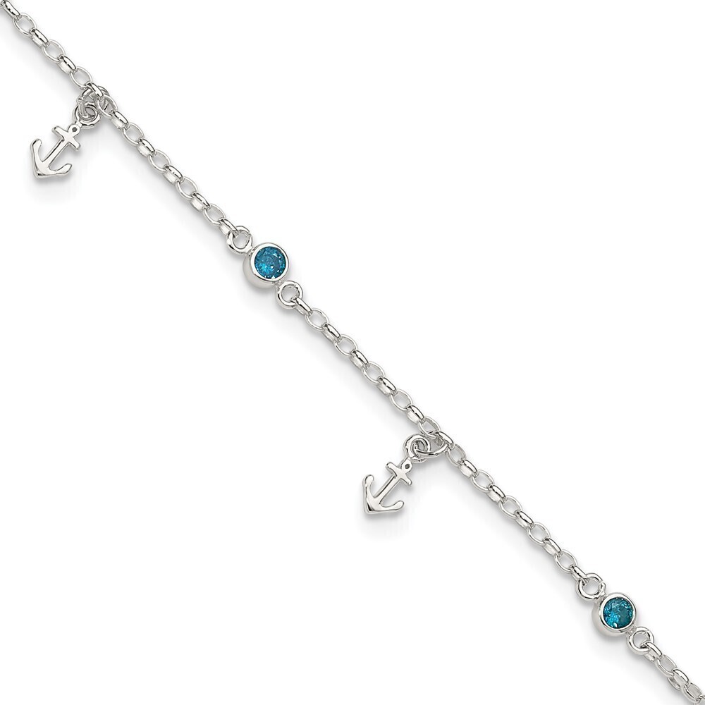 Kazi Luxury Sterling Silver Polished Blue CZ and Anchors 9in Plus 1in ext Anklet